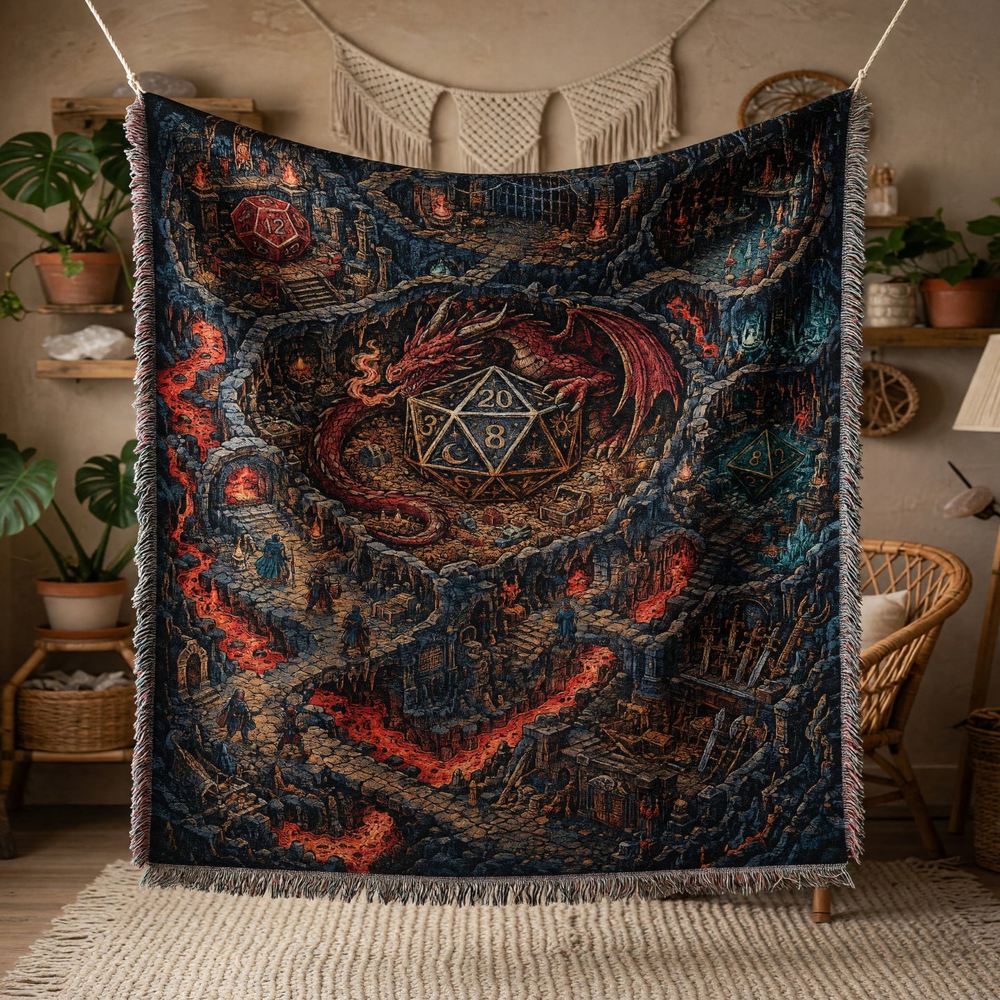 Fantasy Dungeon Dragon Woven Blanket - Fantasy D20 Dungeon Scene
