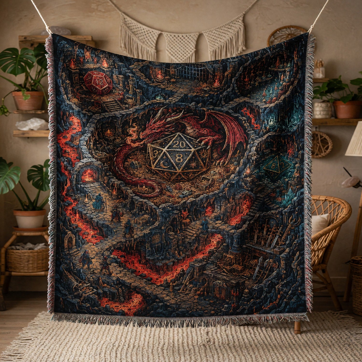 Fantasy Dungeon Dragon Woven Blanket - Fantasy D20 Dungeon Scene