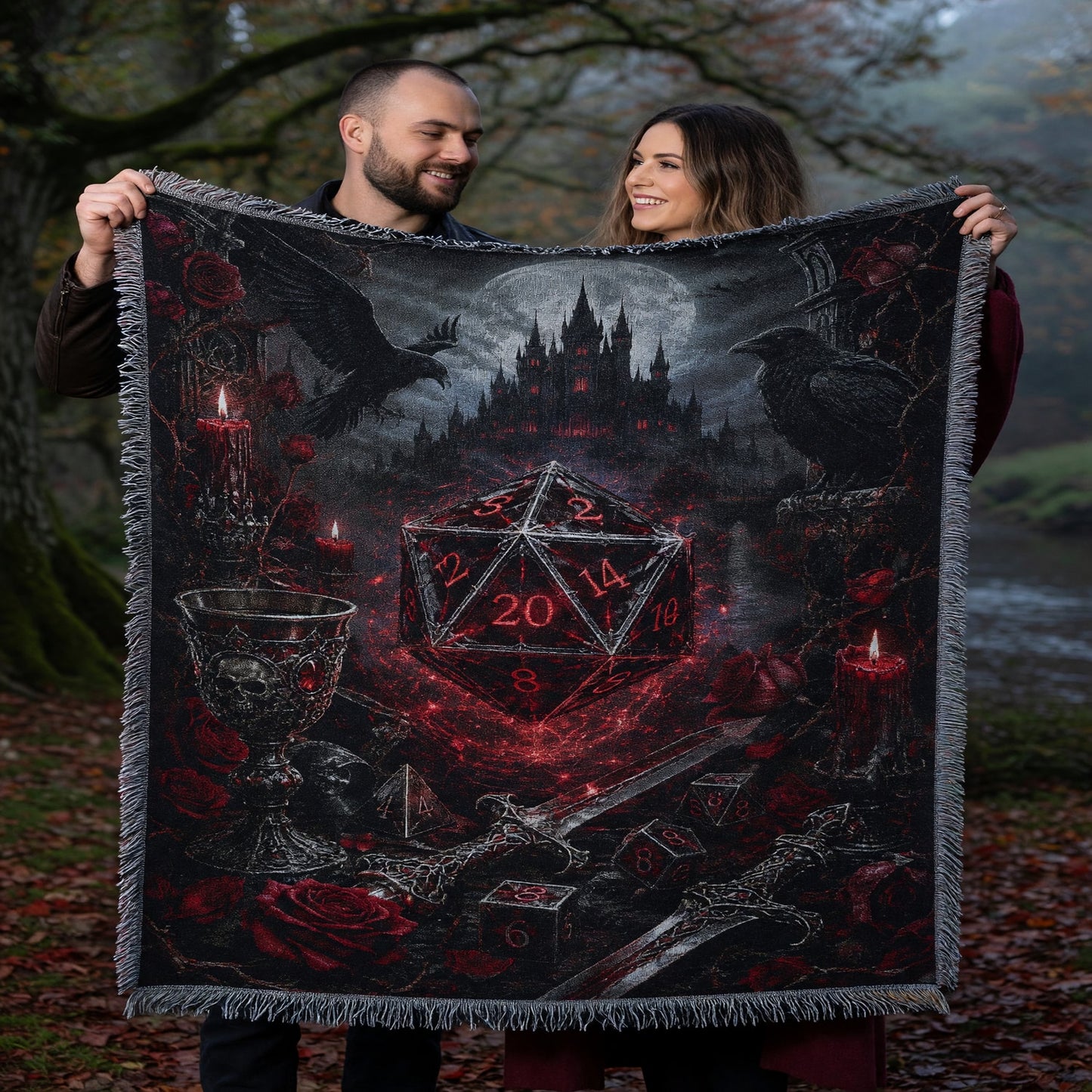 Dark Fantasy Gothic D20 Woven Blanket - Fantasy Dungeon Decor