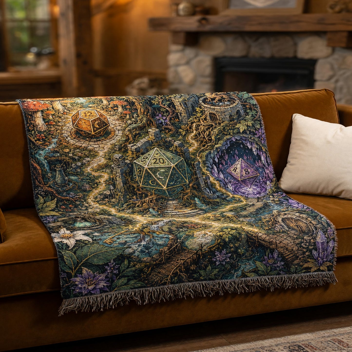 Fantasy Dungeon Dice Woven Blanket - Fantasy Enchanted Forest RPG