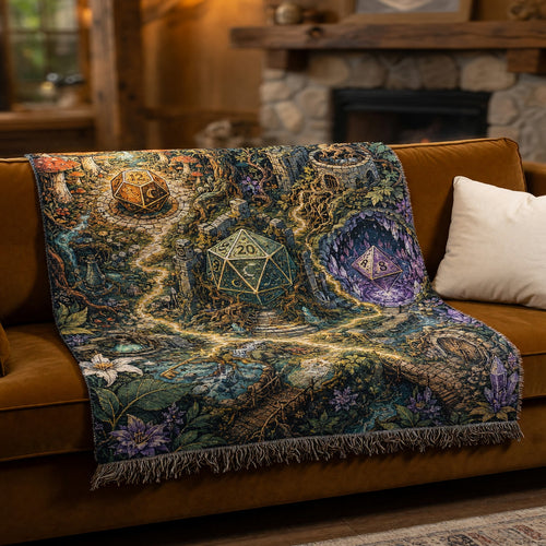 Fantasy Dungeon Dice Woven Blanket - Fantasy Enchanted Forest RPG
