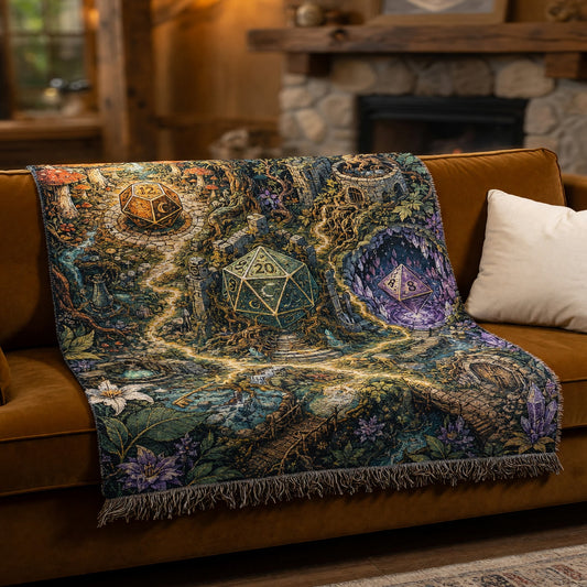 Fantasy Dungeon Dice Woven Blanket - Fantasy Enchanted Forest RPG