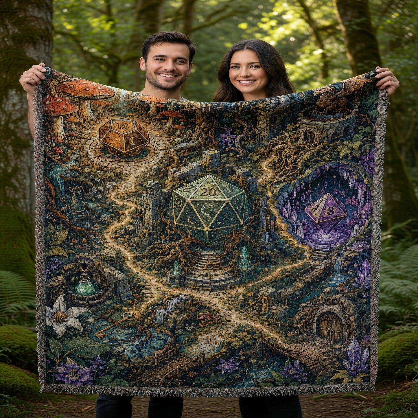 Fantasy Dungeon Dice Woven Blanket - Fantasy Enchanted Forest RPG