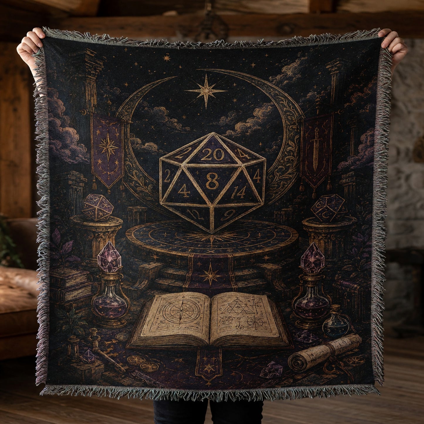 Fantasy Dungeon D20 Woven Blanket - Mystical Celestial Dice Art