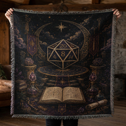Fantasy Dungeon D20 Woven Blanket - Mystical Celestial Dice Art