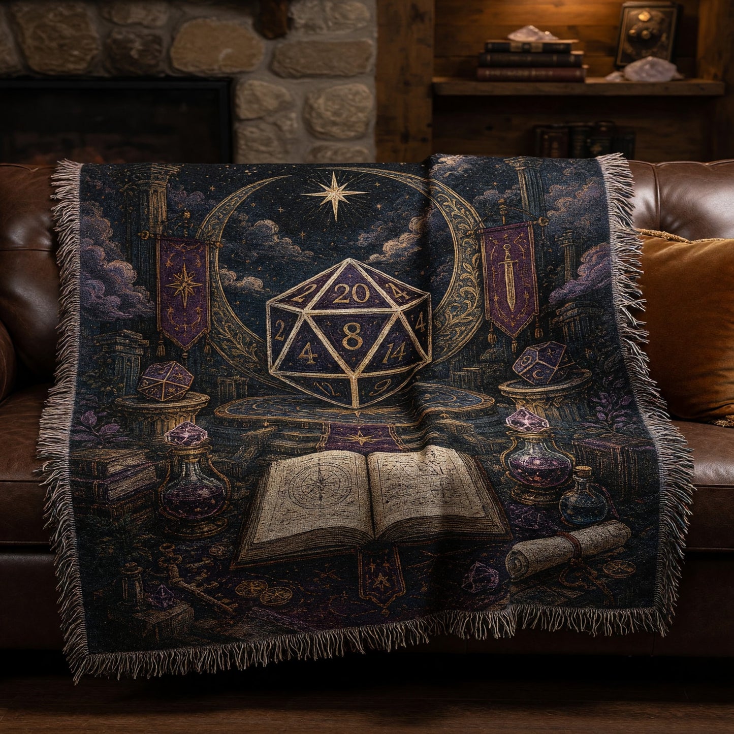 Fantasy Dungeon D20 Woven Blanket - Mystical Celestial Dice Art