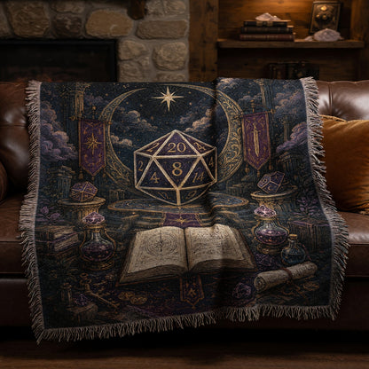 Fantasy Dungeon D20 Woven Blanket - Mystical Celestial Dice Art