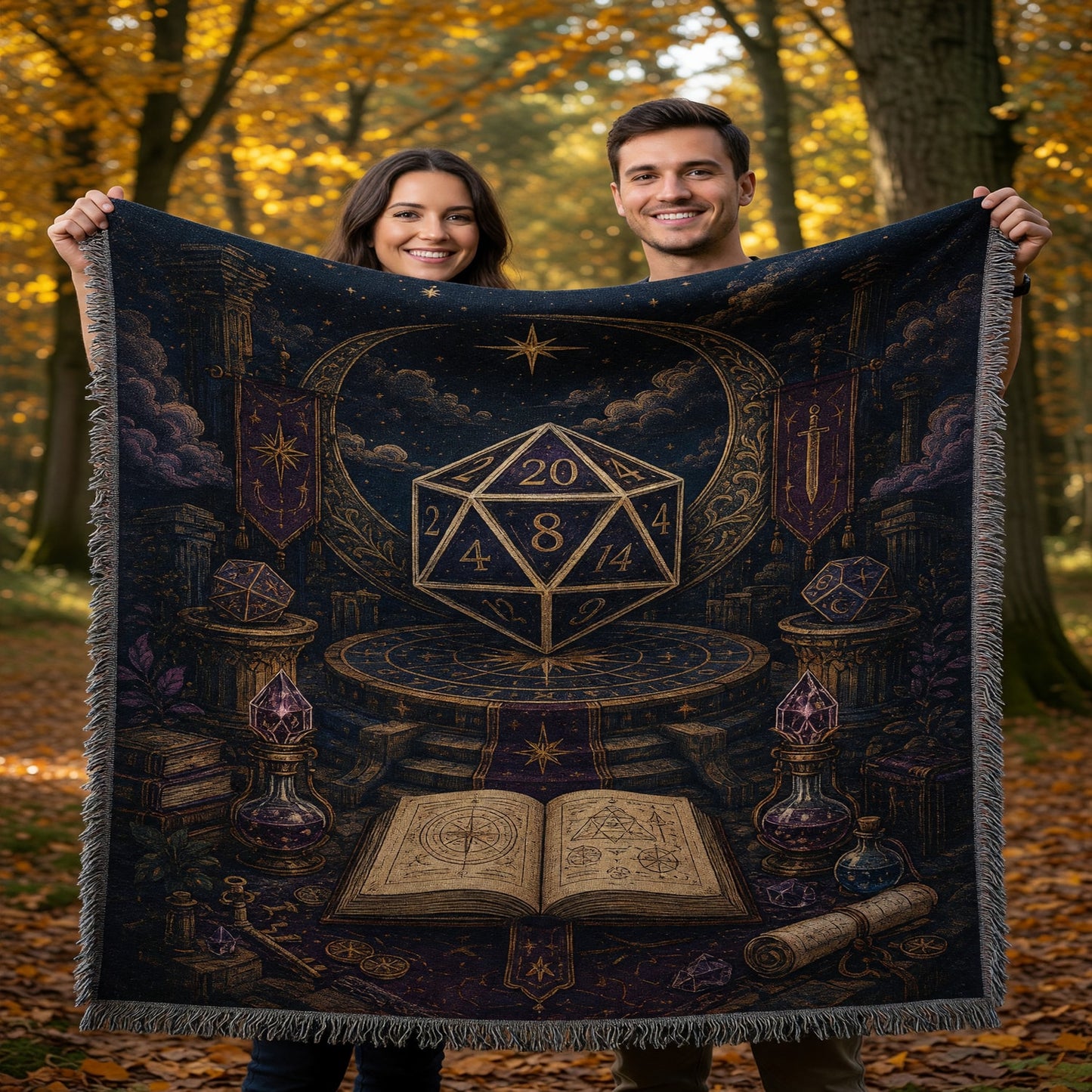 Fantasy Dungeon D20 Woven Blanket - Mystical Celestial Dice Art