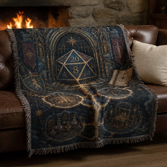 Fantasy Dungeon D20 Woven Blanket - Dark Fantasy RPG Art