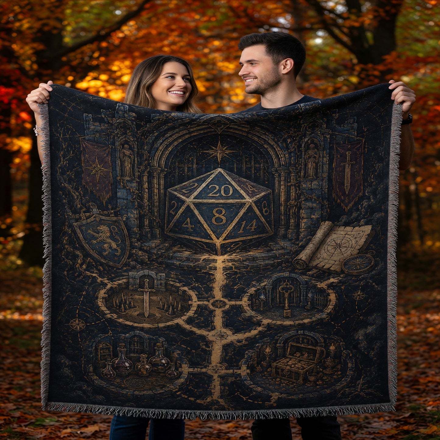 Fantasy Dungeon D20 Woven Blanket - Dark Fantasy RPG Art