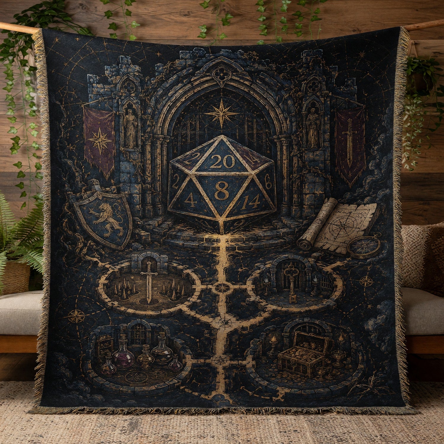 Fantasy Dungeon D20 Woven Blanket - Dark Fantasy RPG Art