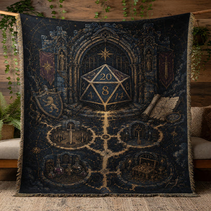 Fantasy Dungeon D20 Woven Blanket - Dark Fantasy RPG Art