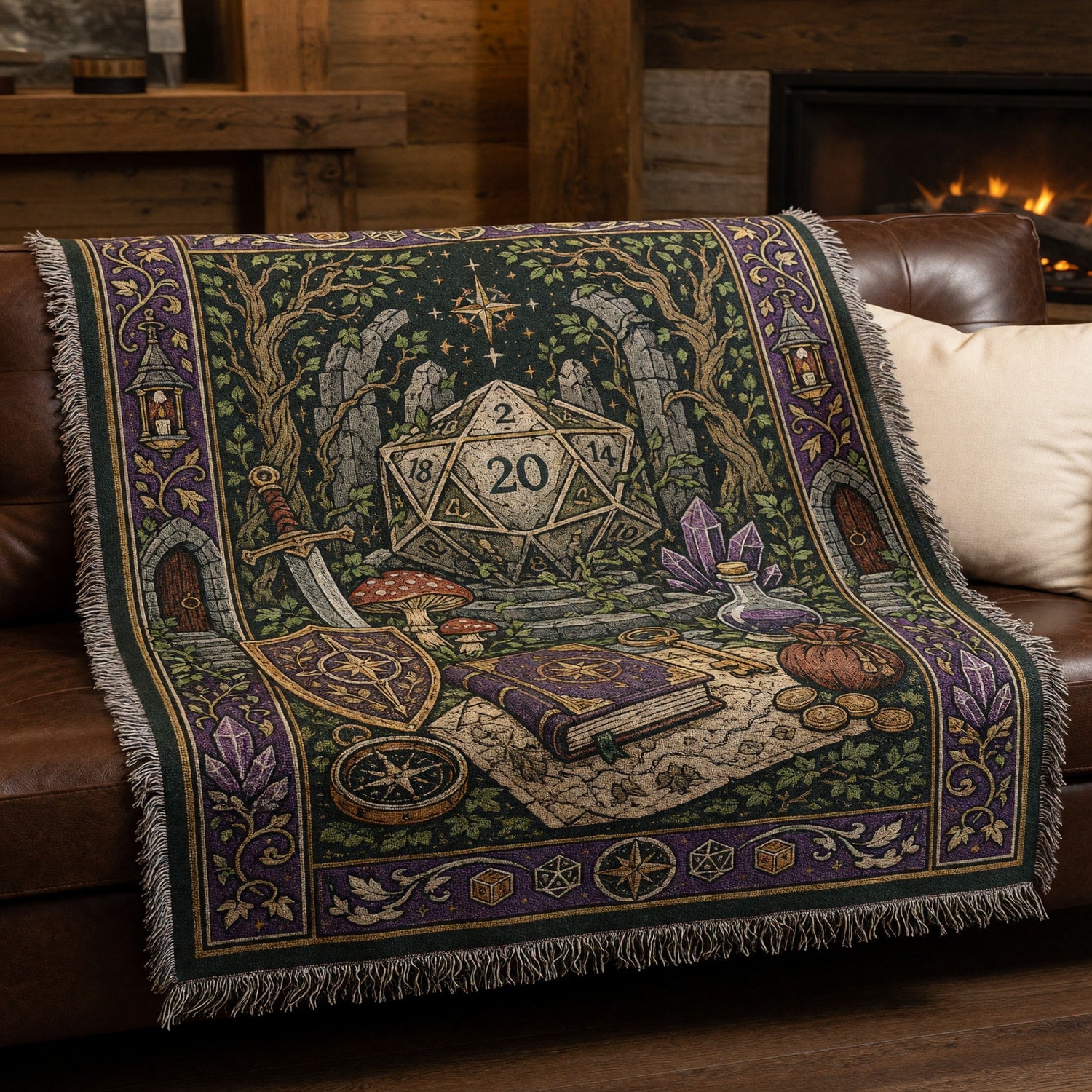 Fantasy Dungeon D20 Woven Blanket - Fantasy RPG Decor