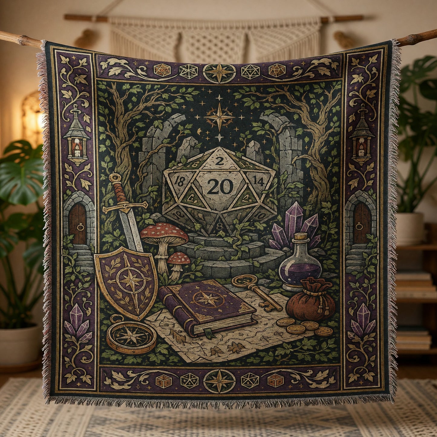 Fantasy Dungeon D20 Woven Blanket - Fantasy RPG Decor