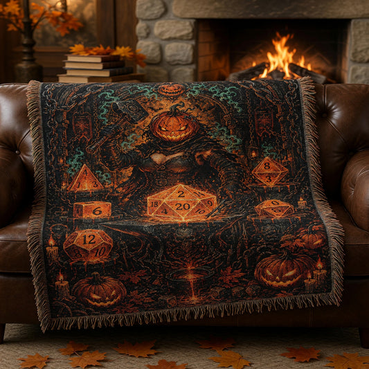 Pumpkin Forge Polyhedral Dice Halloween Woven Blanket, Tabletop RPG Home Decor