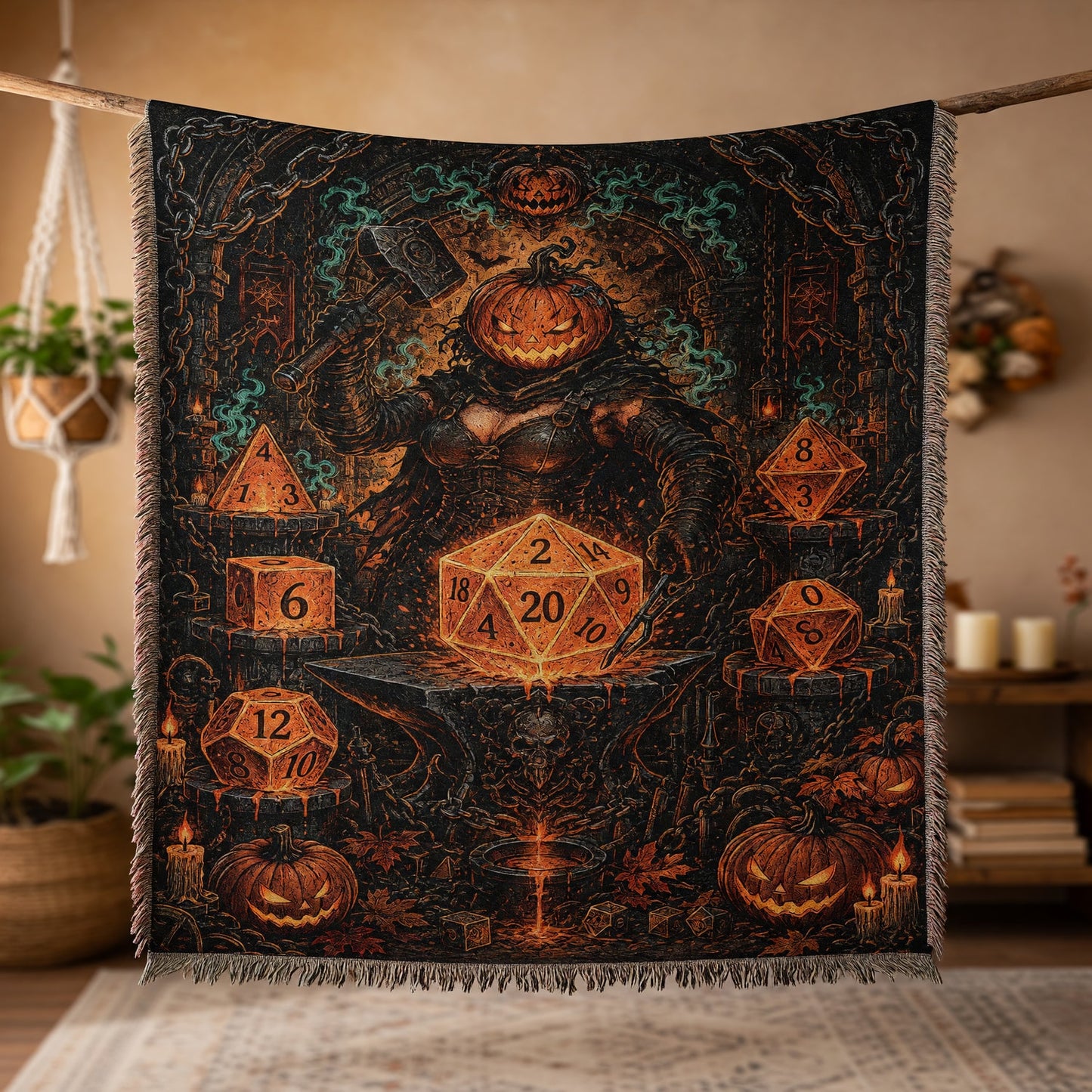 Pumpkin Forge Polyhedral Dice Halloween Woven Blanket, Tabletop RPG Home Decor