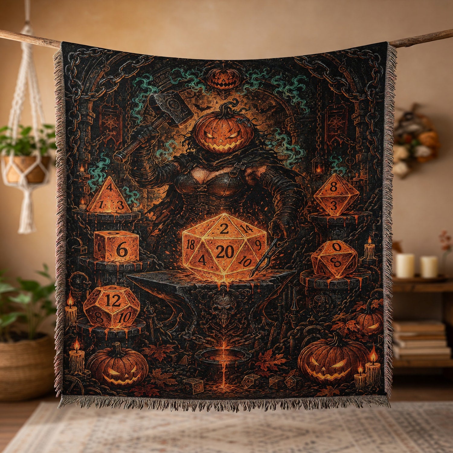 Pumpkin Forge Polyhedral Dice Halloween Woven Blanket, Tabletop RPG Home Decor
