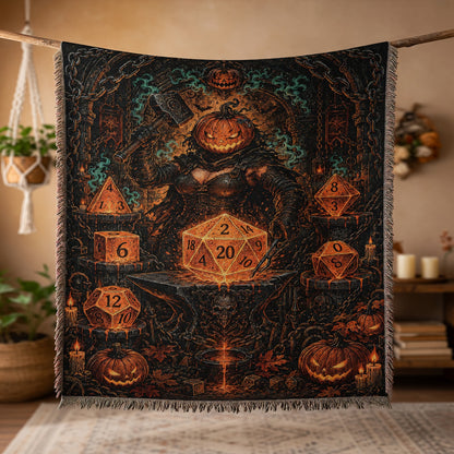 Pumpkin Forge Polyhedral Dice Halloween Woven Blanket, Tabletop RPG Home Decor