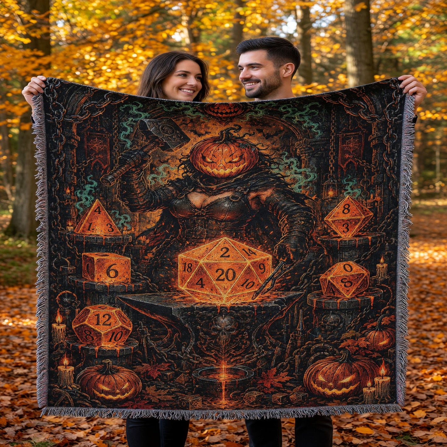 Pumpkin Forge Polyhedral Dice Halloween Woven Blanket, Tabletop RPG Home Decor