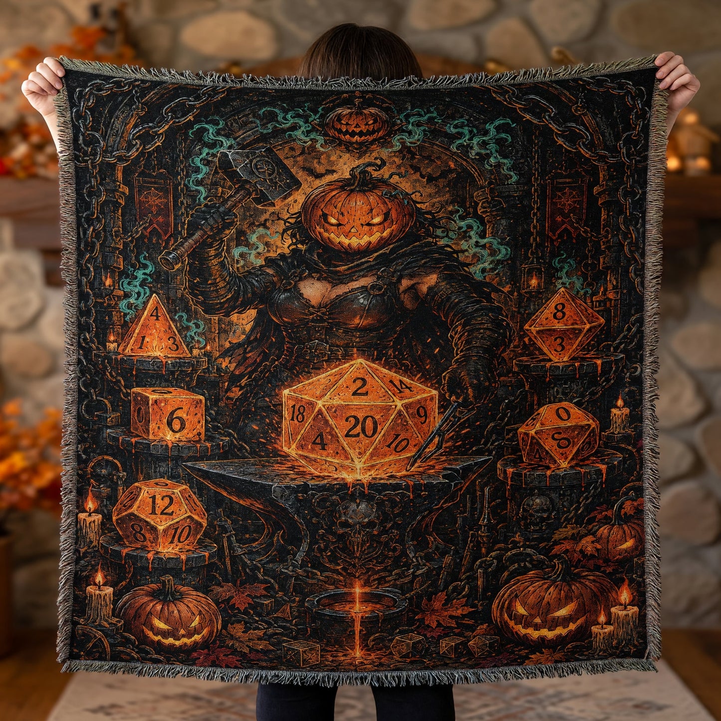 Pumpkin Forge Polyhedral Dice Halloween Woven Blanket, Tabletop RPG Home Decor