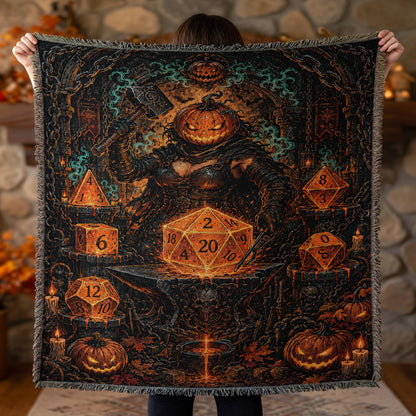 Pumpkin Forge Polyhedral Dice Halloween Woven Blanket, Tabletop RPG Home Decor