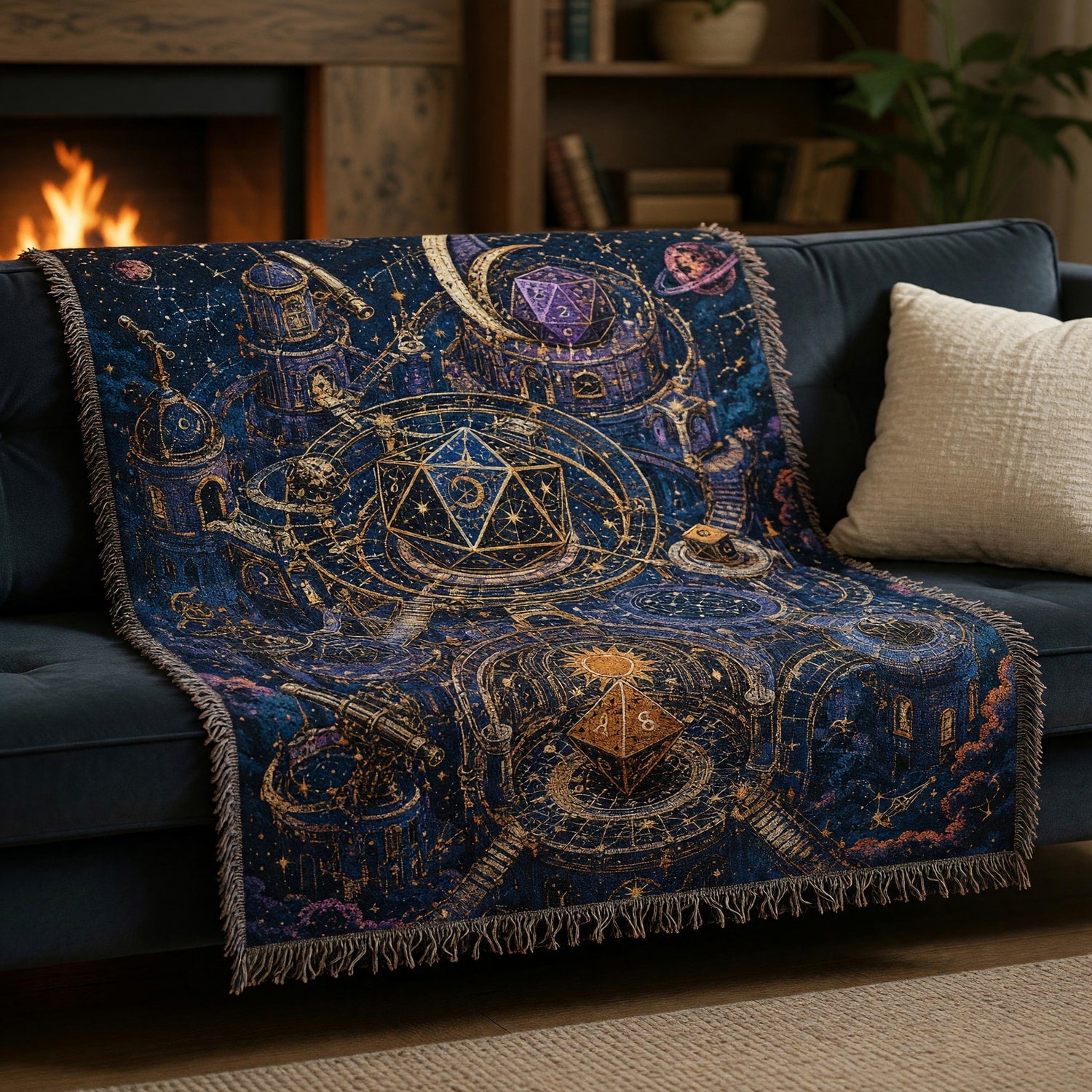 Celestial Dice Fortress Woven Blanket - Fantasy Astronomy Decor