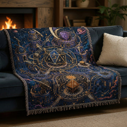 Celestial Dice Fortress Woven Blanket - Fantasy Astronomy Decor