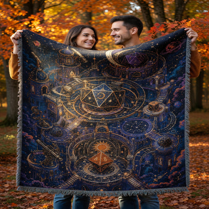 Celestial Dice Fortress Woven Blanket - Fantasy Astronomy Decor
