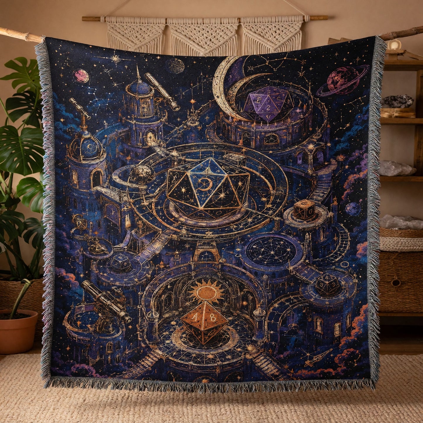 Celestial Dice Fortress Woven Blanket - Fantasy Astronomy Decor