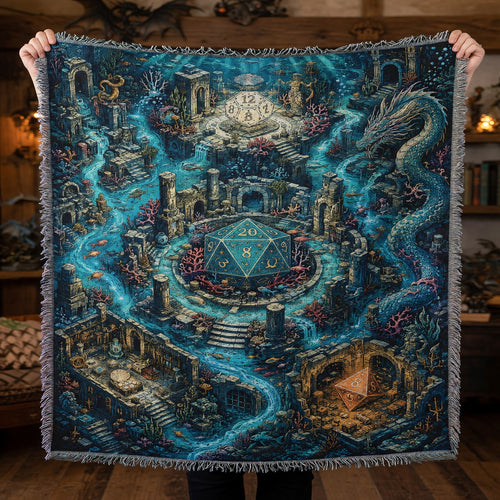 Fantasy Dungeon Underwater D20 Woven Blanket - Fantasy Dragon Dice