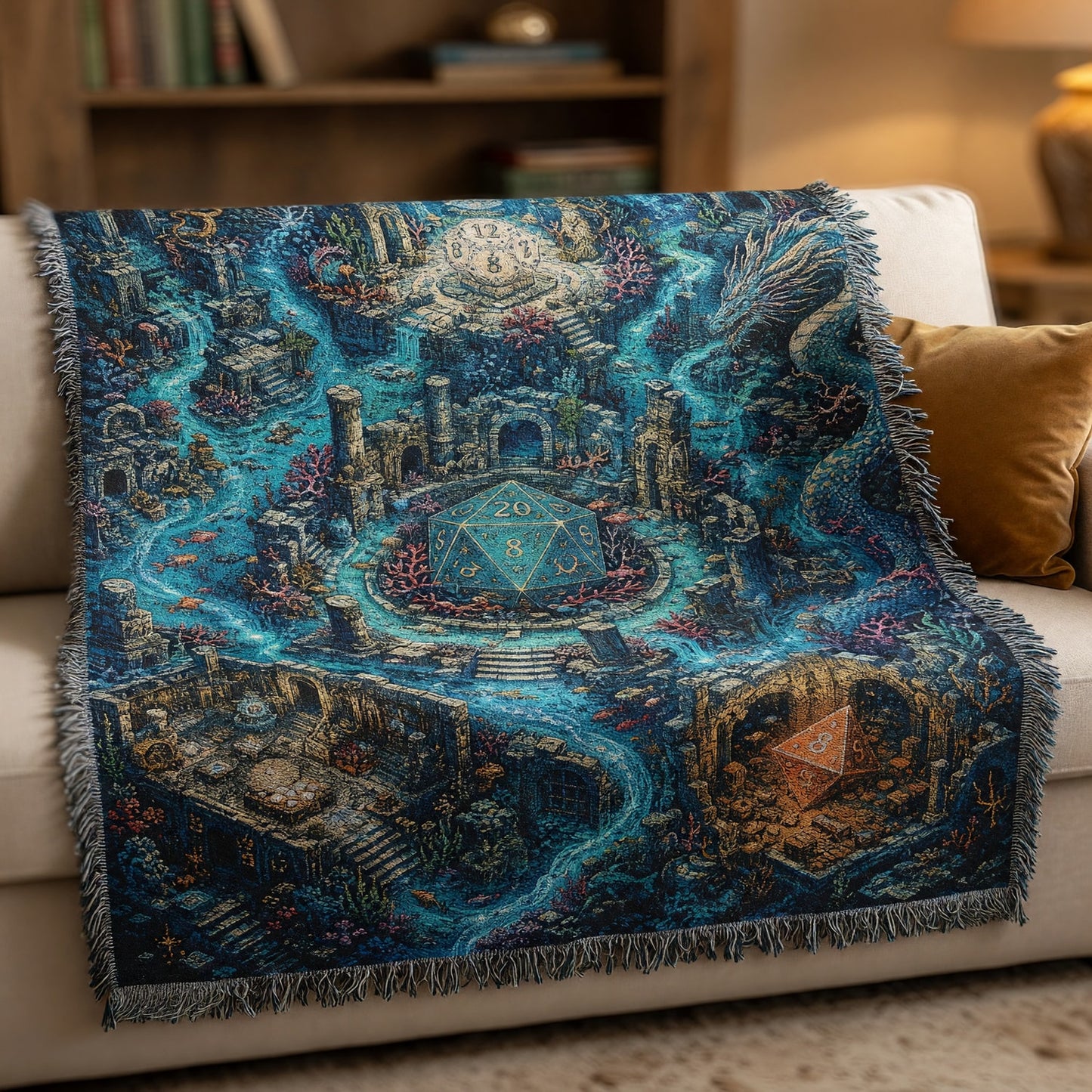 Fantasy Dungeon Underwater D20 Woven Blanket - Fantasy Dragon Dice