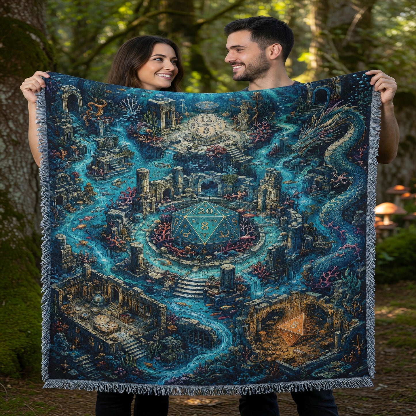 Fantasy Dungeon Underwater D20 Woven Blanket - Fantasy Dragon Dice