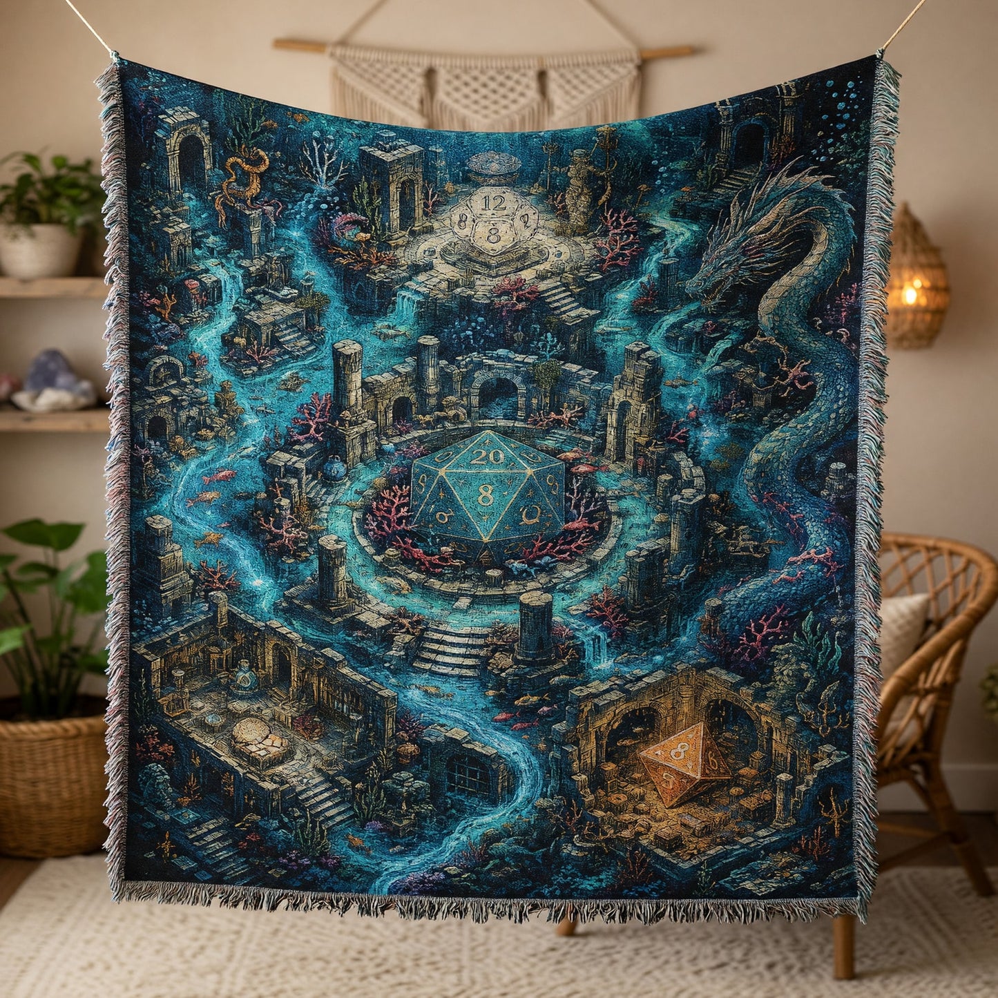 Fantasy Dungeon Underwater D20 Woven Blanket - Fantasy Dragon Dice