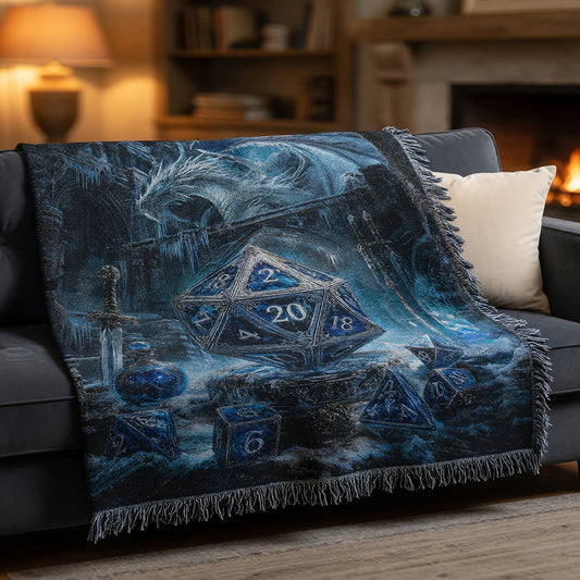 Icy Dragon D20 Woven Blanket - Fantasy RPG Decor