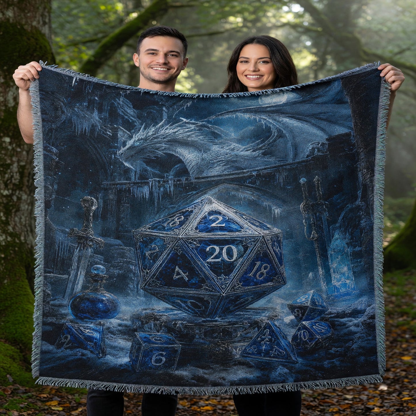 Icy Dragon D20 Woven Blanket - Fantasy RPG Decor