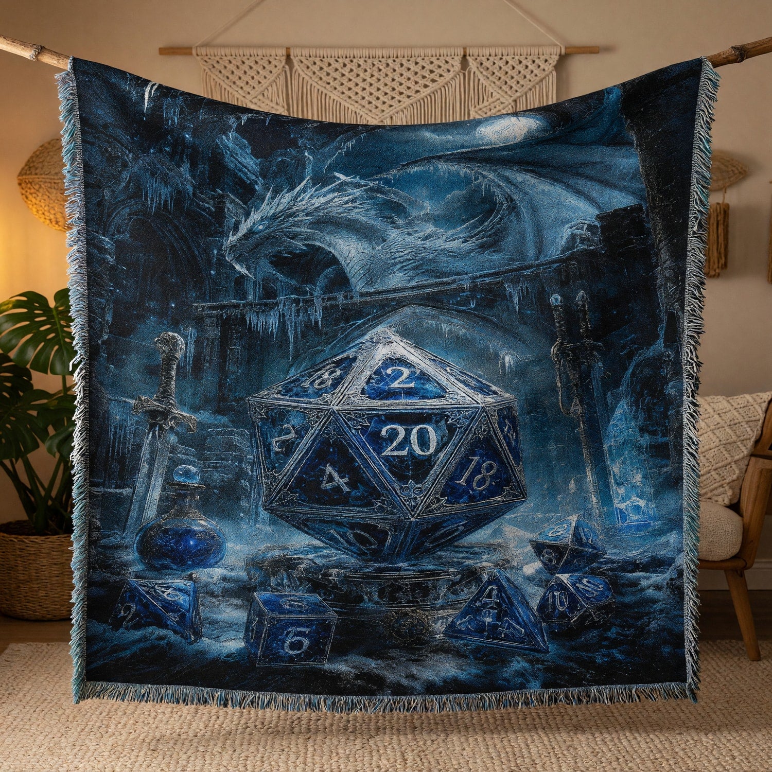 Icy Dragon D20 Woven Blanket - Fantasy RPG Decor