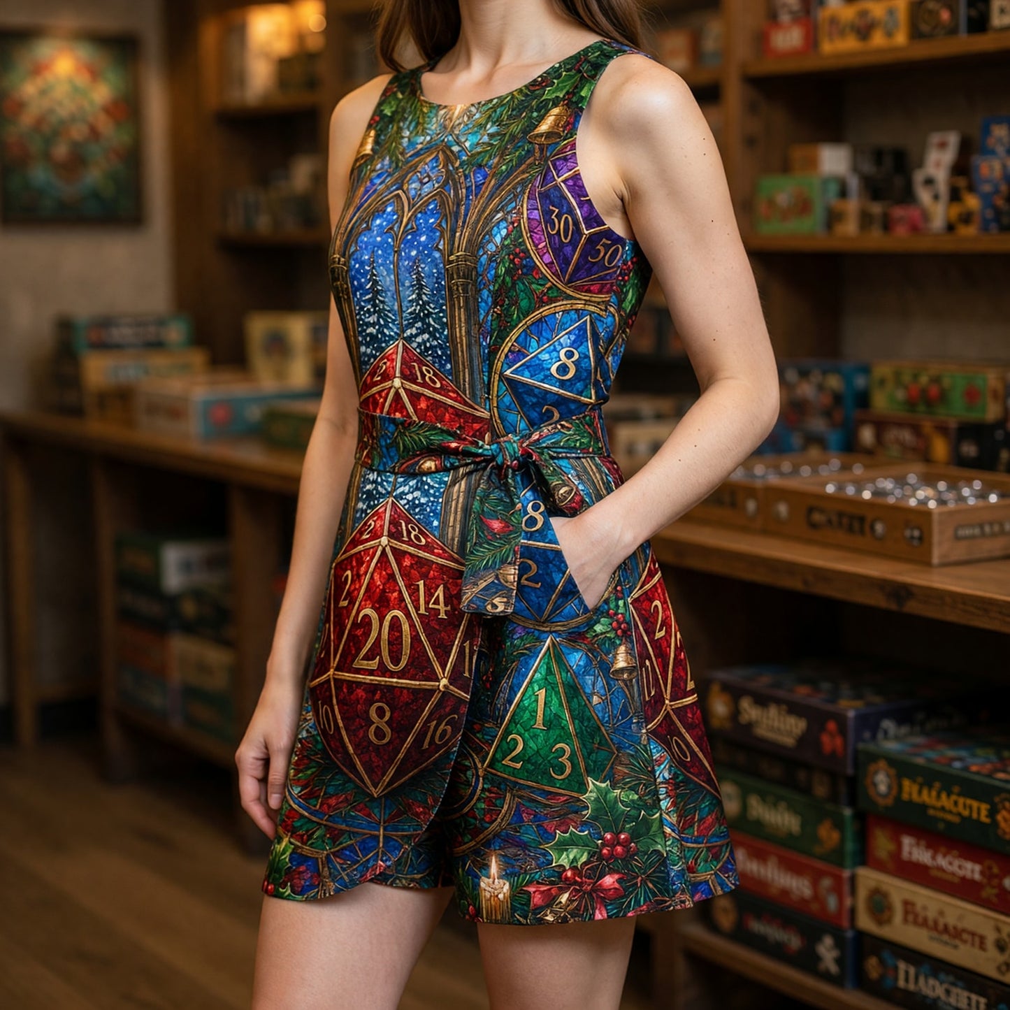 Christmas Dice Jumpsuit Skirt - Festive Stained Glass RPG Holiday