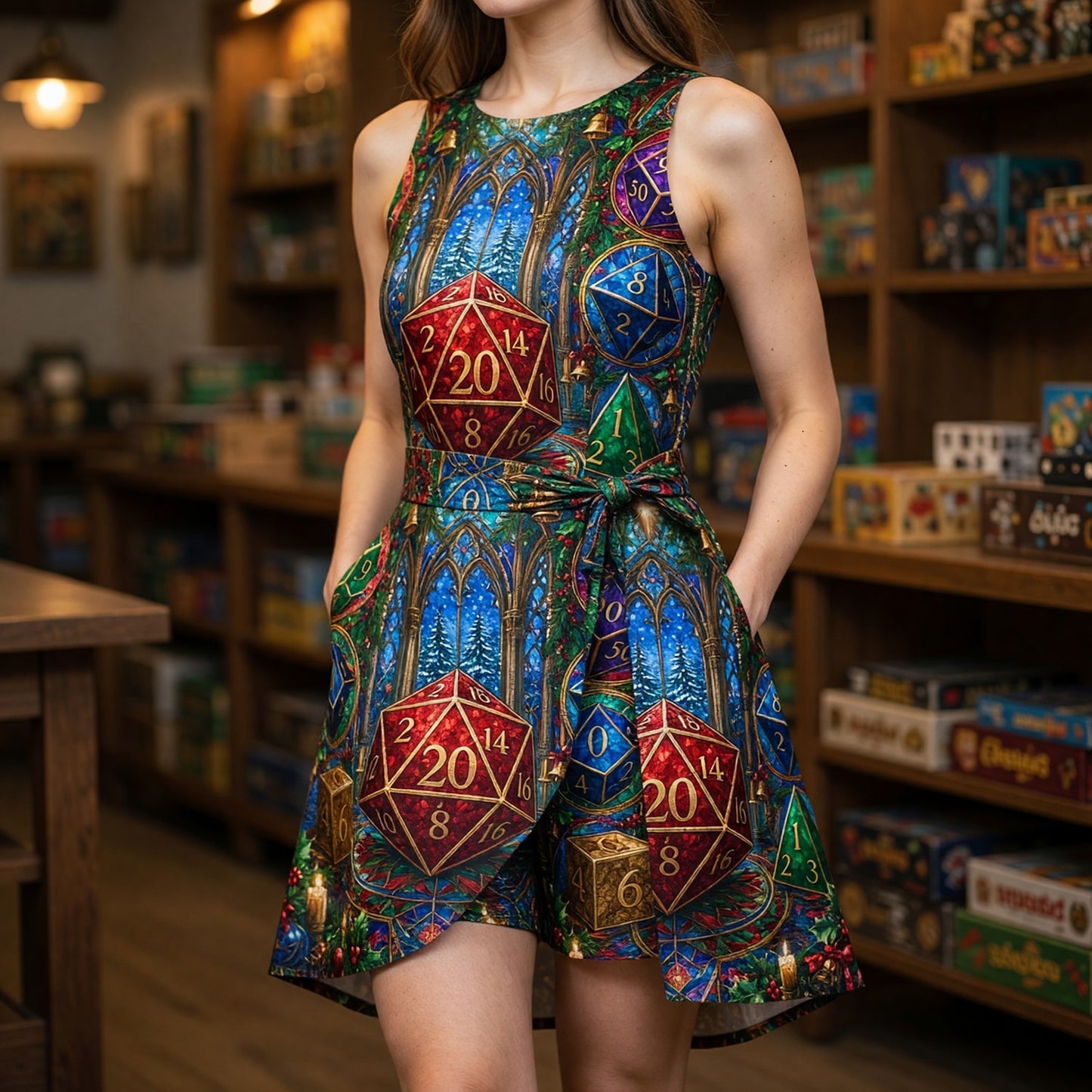 Christmas Dice Jumpsuit Skirt - Festive Stained Glass RPG Holiday